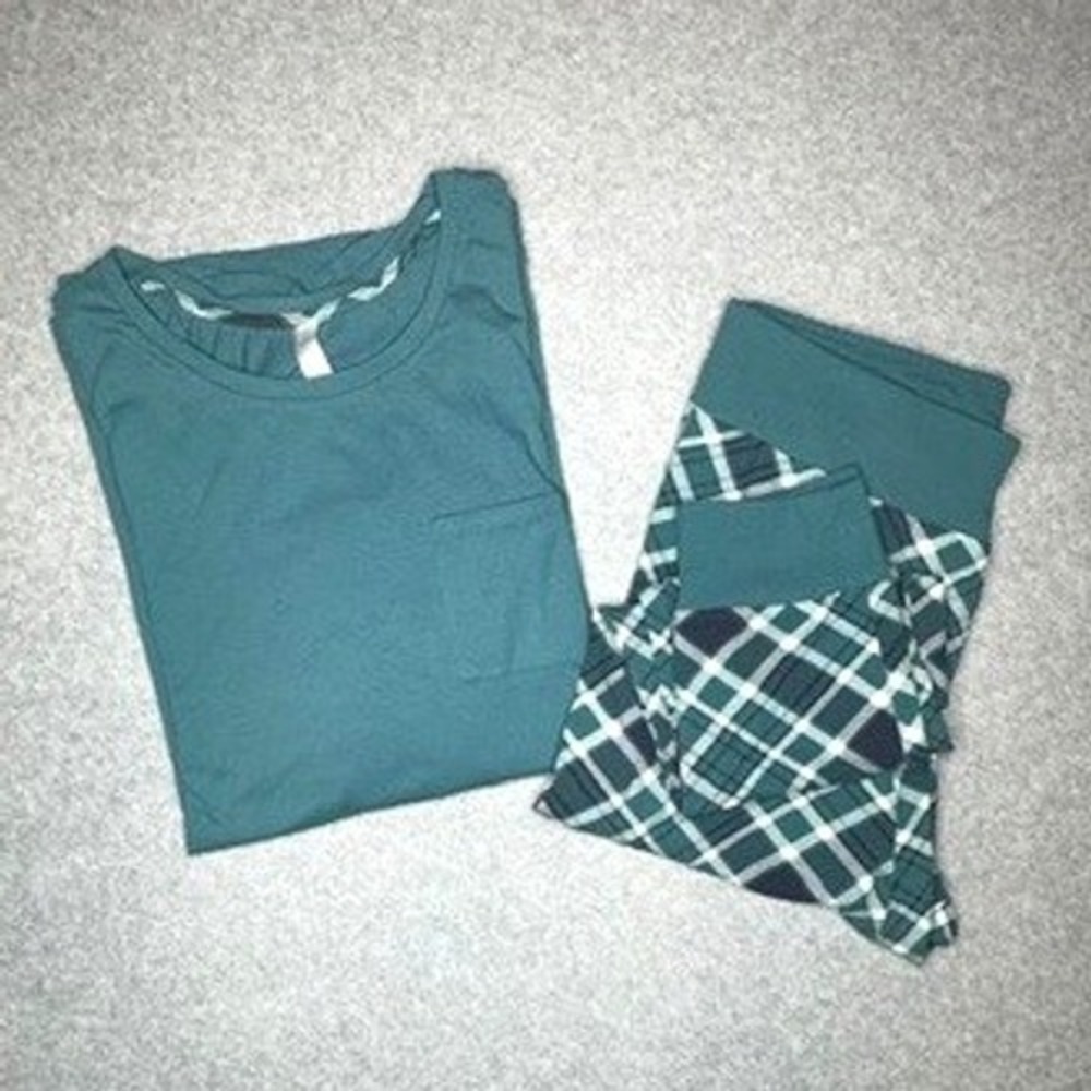 Sleep By Cacique Womens Teal Pajama Set Plaid Pants Solid Top Plus Size 18/20